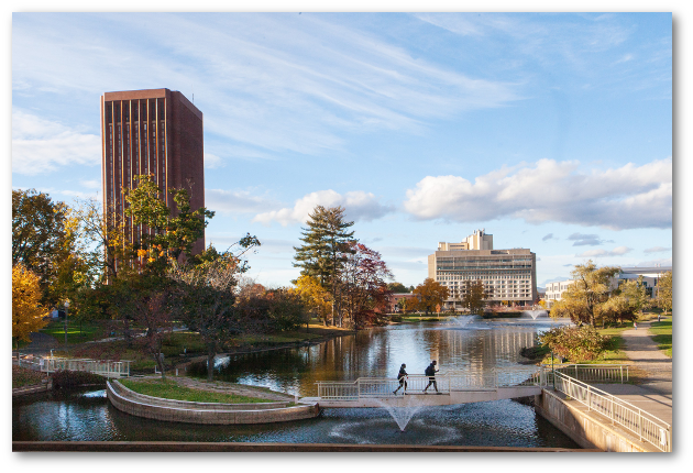 Pond with view of library and Campus Center